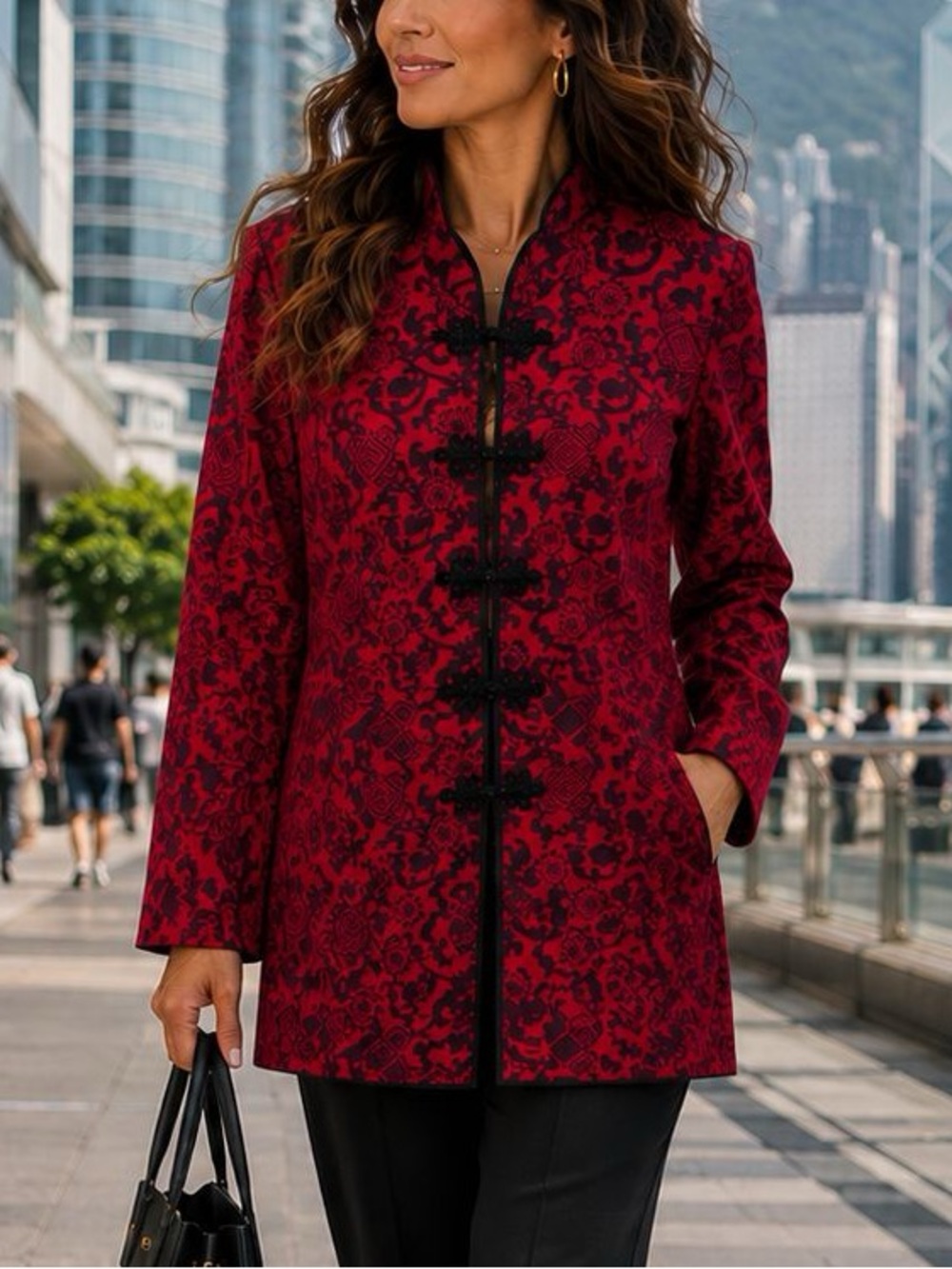 R & M Richards Red Brocade Mandarin Collar Jacket